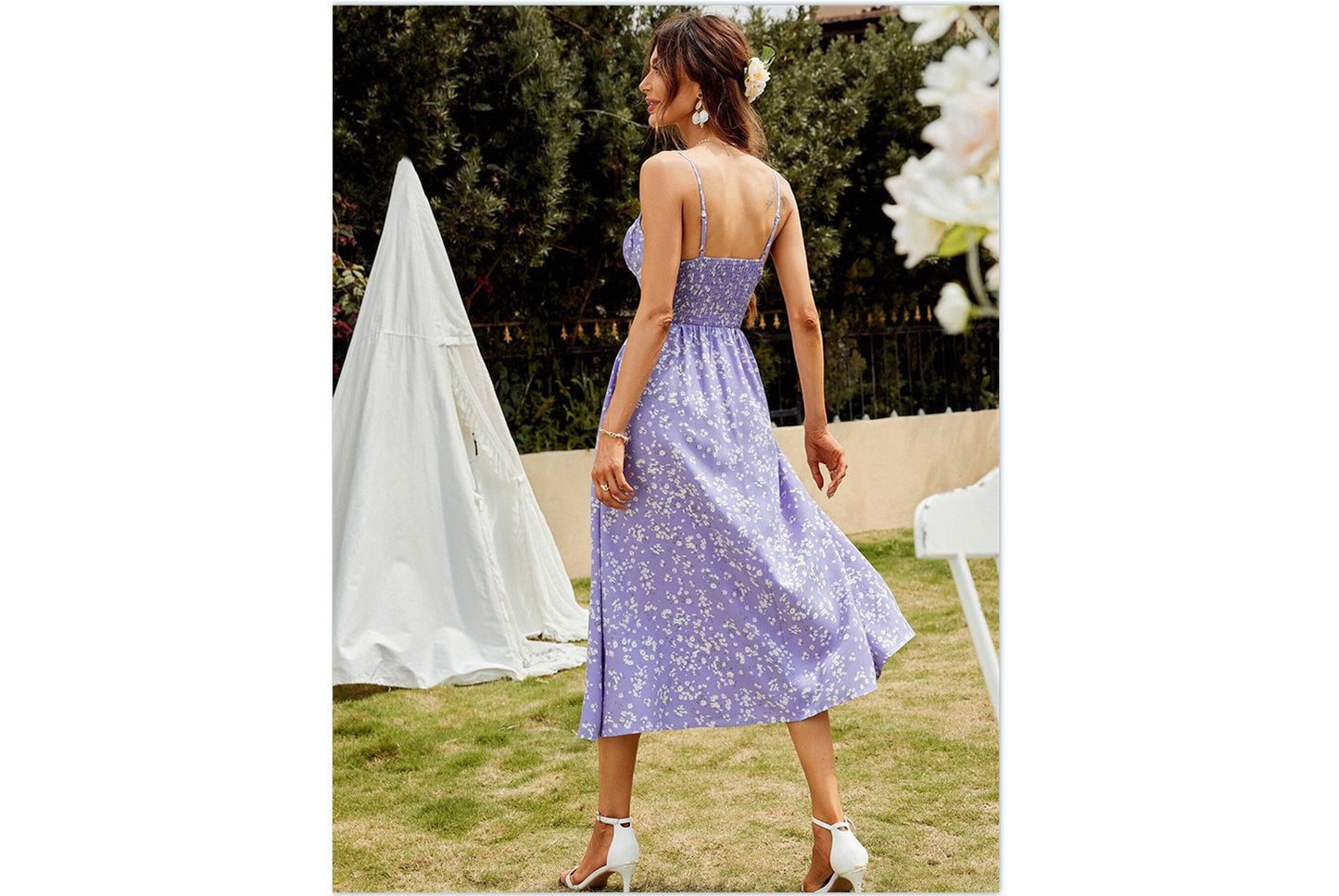 **Sling Print Dress with Slit Bottom**