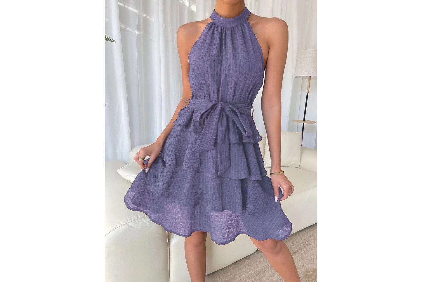 **Halter Neck Sleeveless Ruffled Dress**