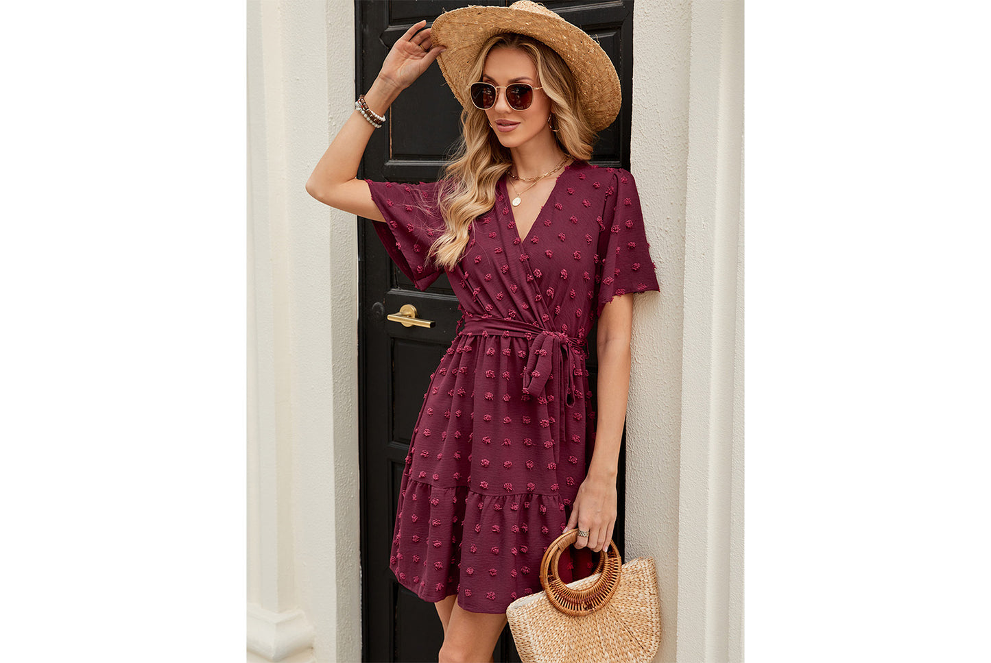 **Pompom Jacquard Ruffle Sleeve V-Neck Waist-Lining Tie-Drawstring Dress**