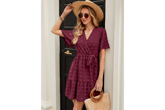 **Pompom Jacquard Ruffle Sleeve V-Neck Waist-Lining Tie-Drawstring Dress**