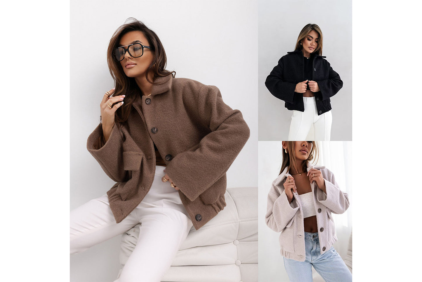 **Stylish Solid-Color Pocket-Breasted Wool Jacket**