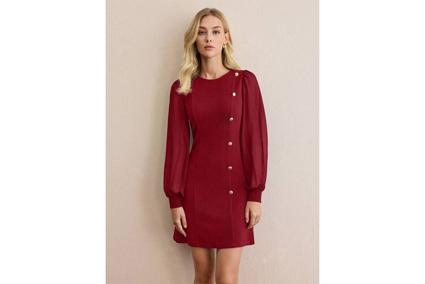 **Button-studded Slim Fit Long-Sleeve Solid Color Dress**