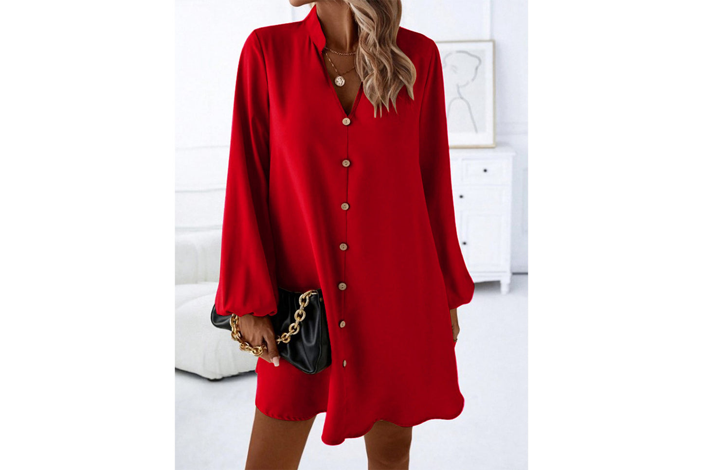 **Spring/Summer Long-Sleeved V-Neck Single-Breasted Loose-Fit Dress**
