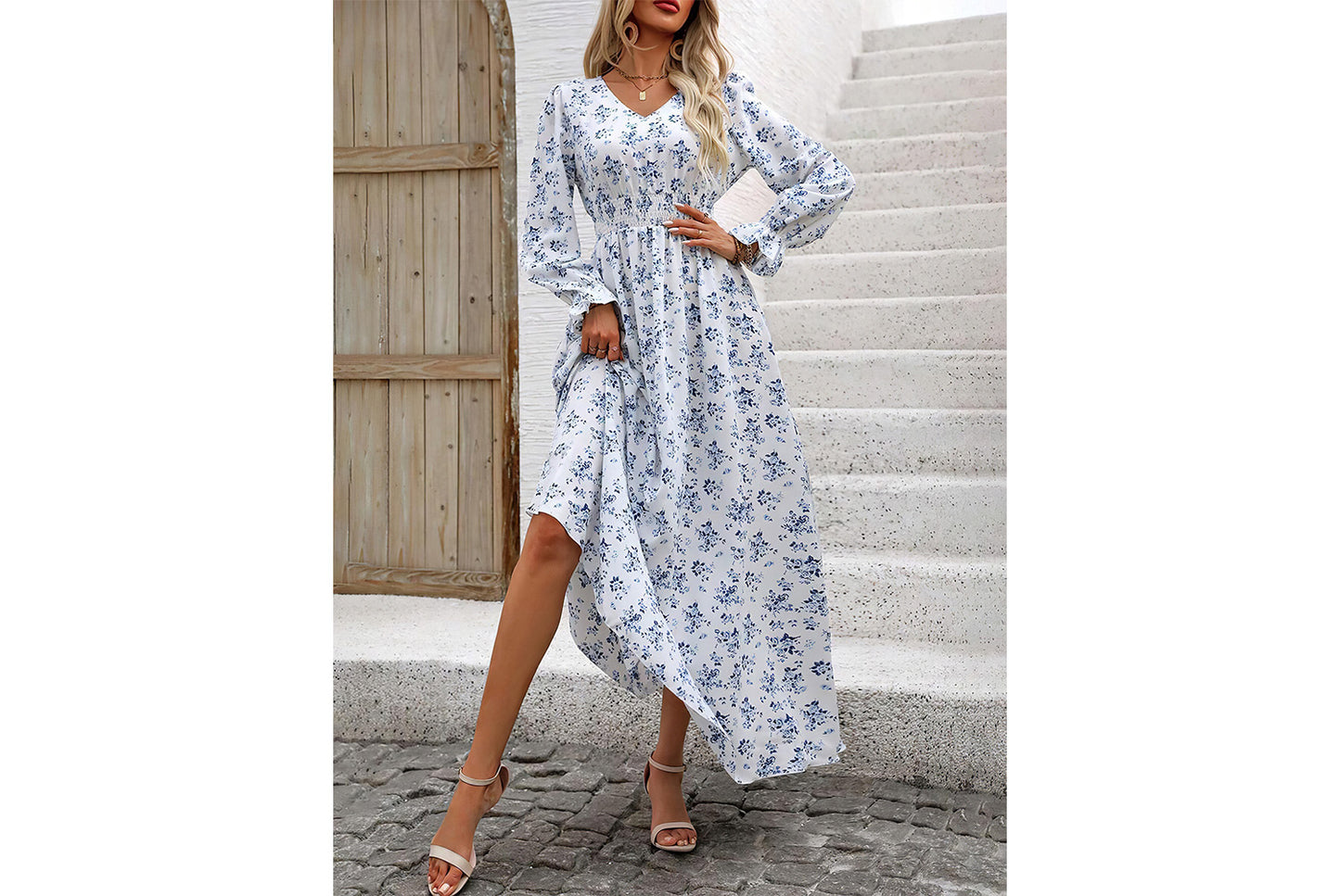 **Printed Maxi V-Neck Long-Sleeved Swing Dress**