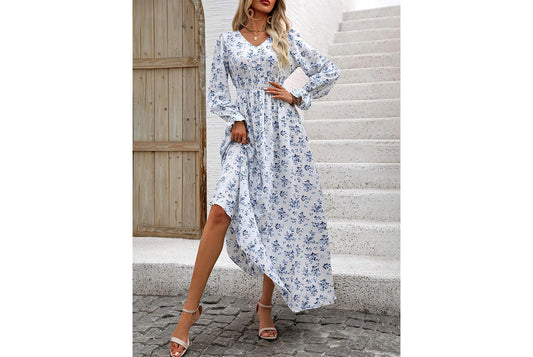**Printed Maxi V-Neck Long-Sleeved Swing Dress**