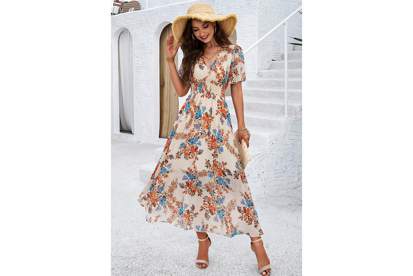 **Printed Waisted Short-Sleeved Chiffon Dress**