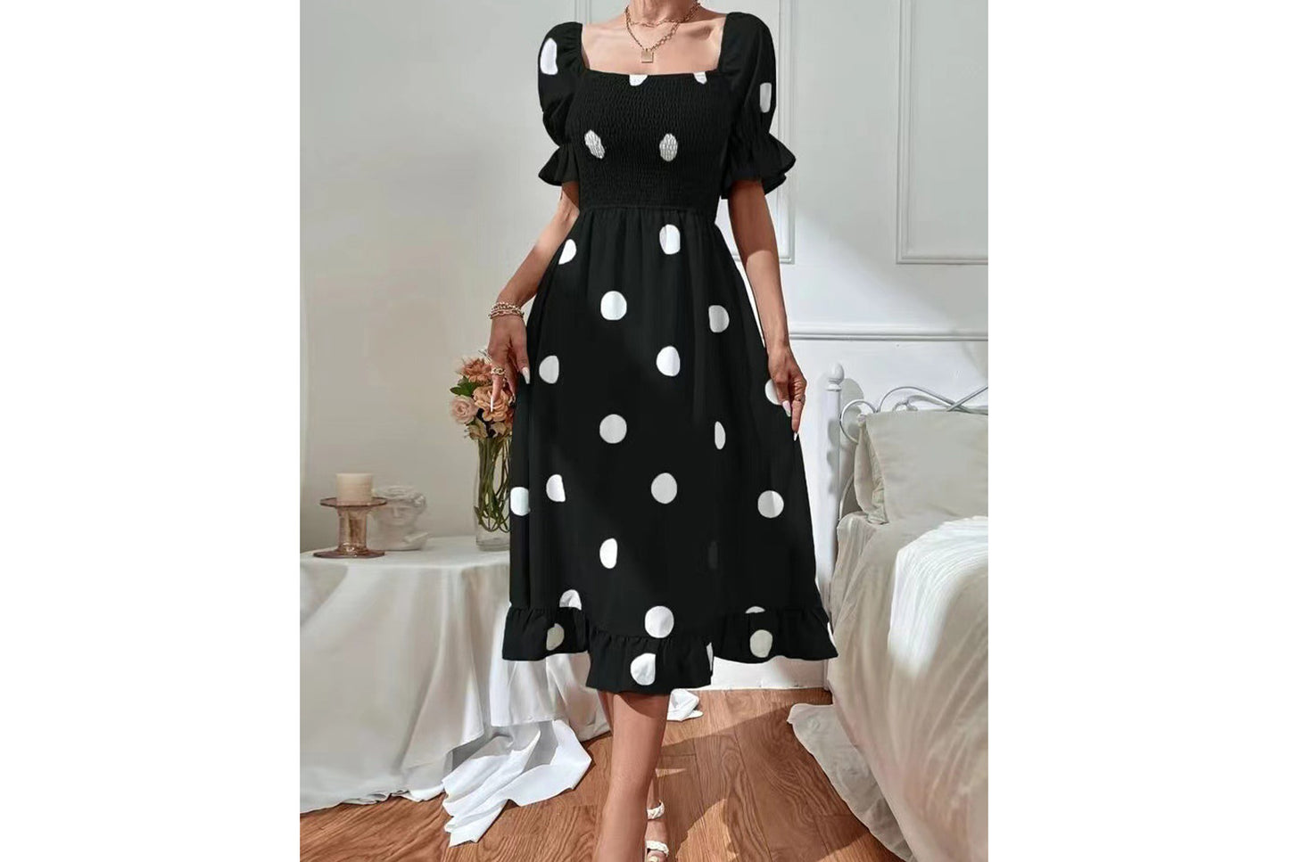 **Ruffled Fitted Short-Sleeve Dress**