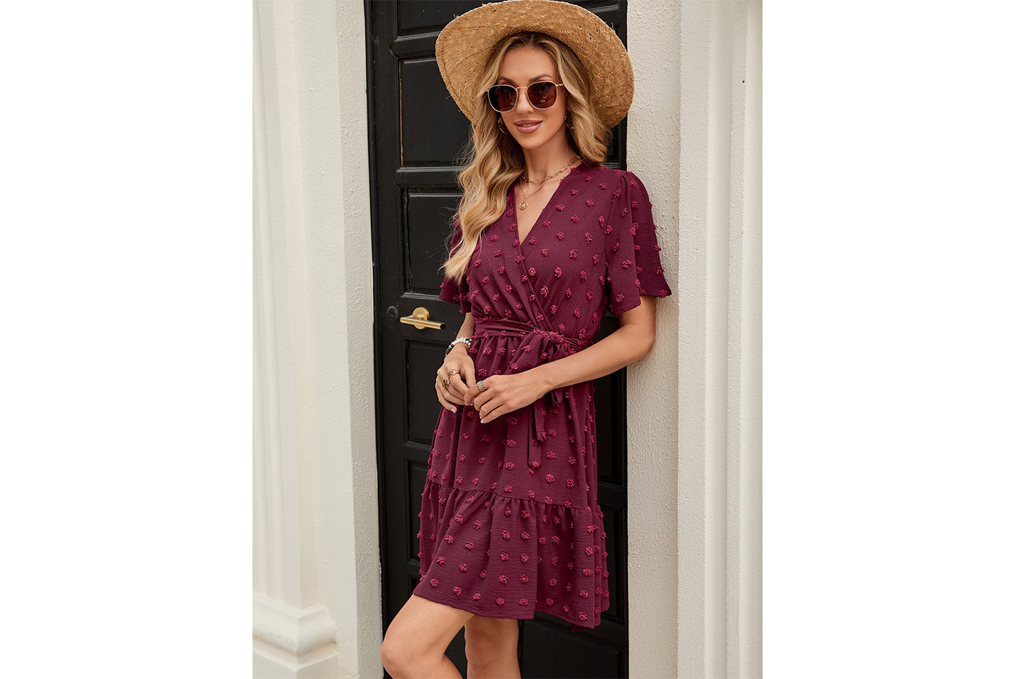 **Pompom Jacquard Ruffle Sleeve V-Neck Waist-Lining Tie-Drawstring Dress**
