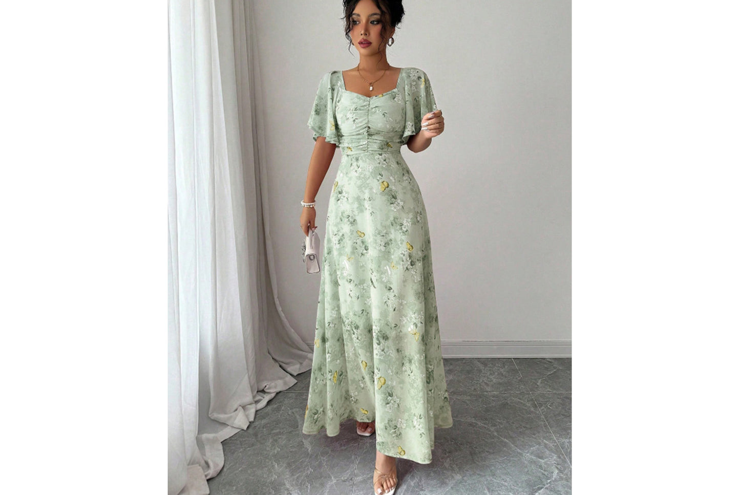 **Fashionable Square Neck Short-Sleeved Printed Chiffon Dress**