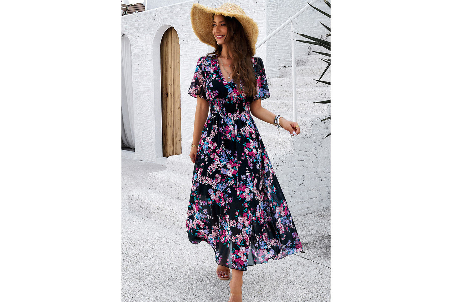 **Printed Waisted Short-Sleeved Chiffon Dress**