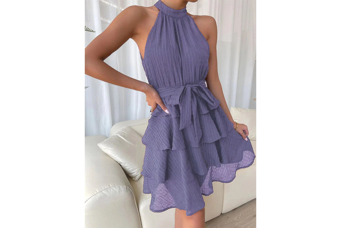 **Halter Neck Sleeveless Ruffled Dress**