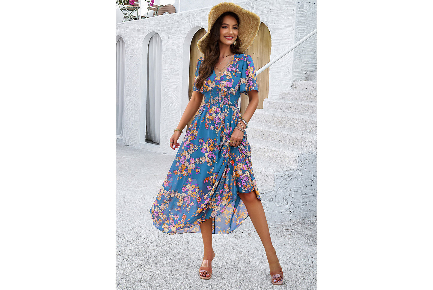 **Printed Waisted Short-Sleeved Chiffon Dress**