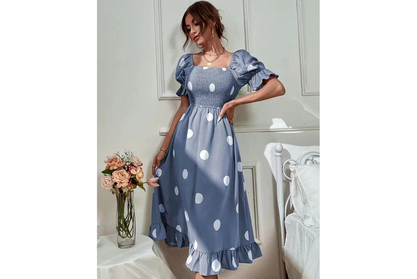 **Ruffled Fitted Short-Sleeve Dress**