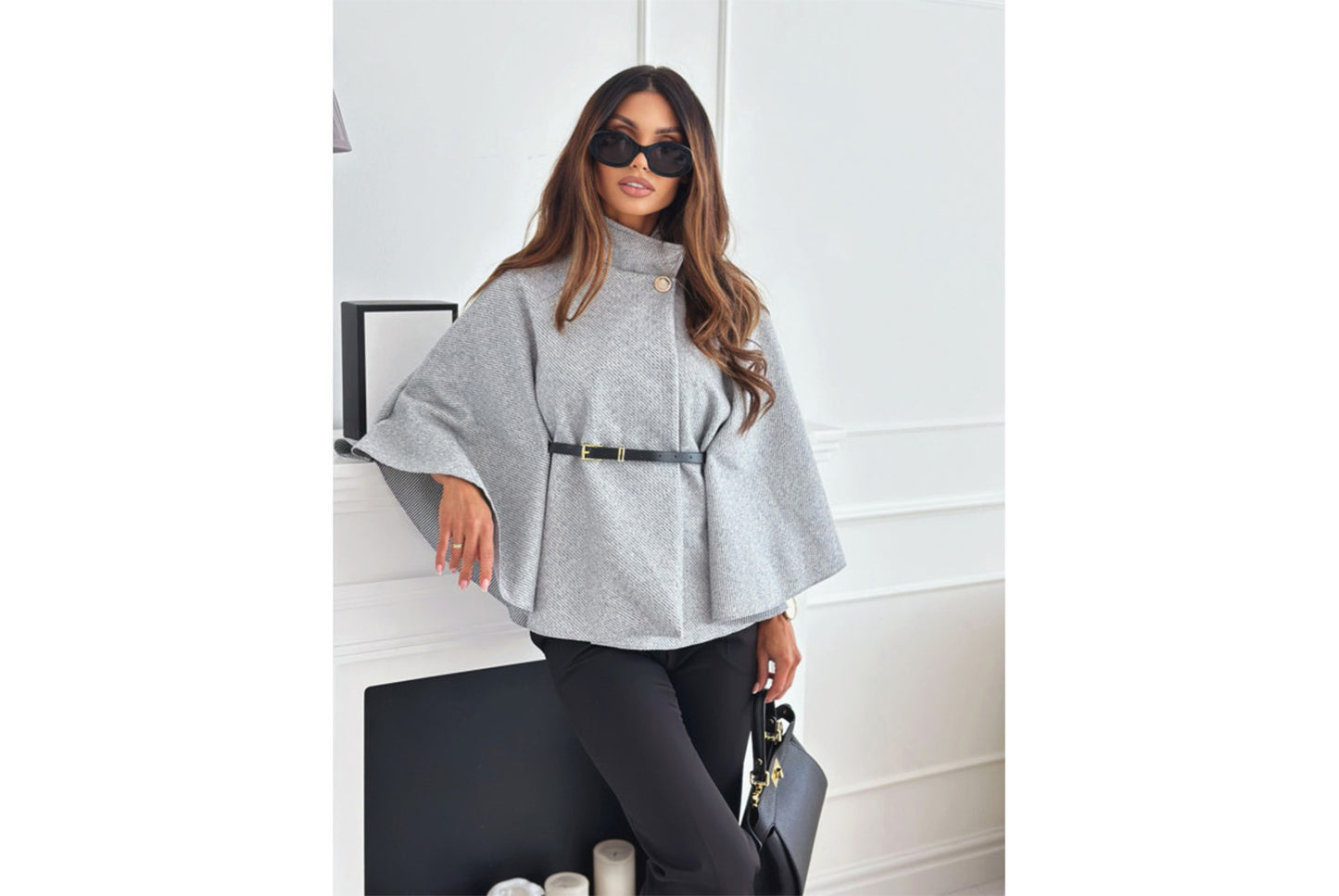 **Solid Color Woolen Cape Jacket with Waist Tie**