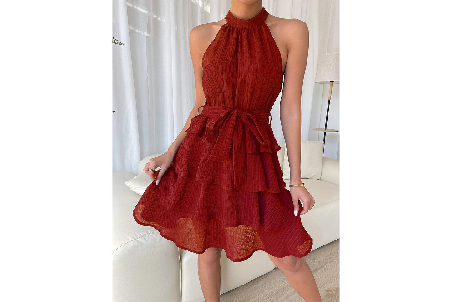 **Halter Neck Sleeveless Ruffled Dress**