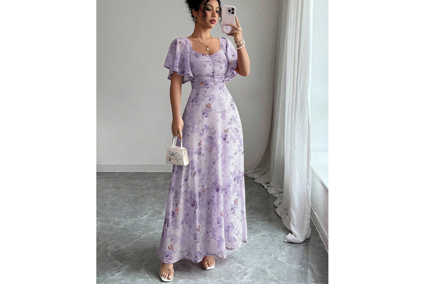 **Fashionable Square Neck Short-Sleeved Printed Chiffon Dress**