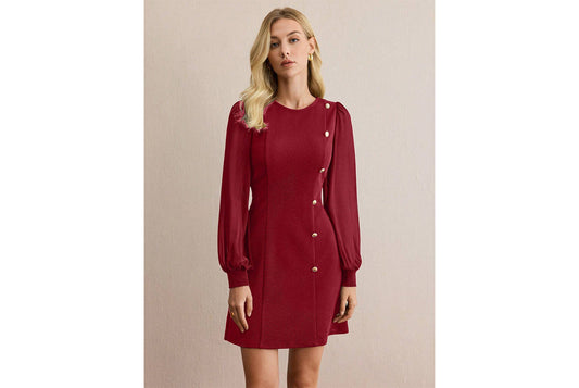**Button-studded Slim Fit Long-Sleeve Solid Color Dress**