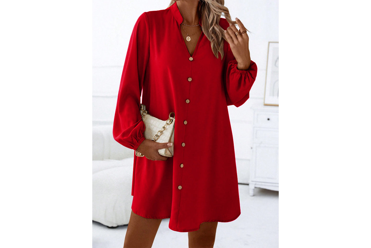 **Spring/Summer Long-Sleeved V-Neck Single-Breasted Loose-Fit Dress**