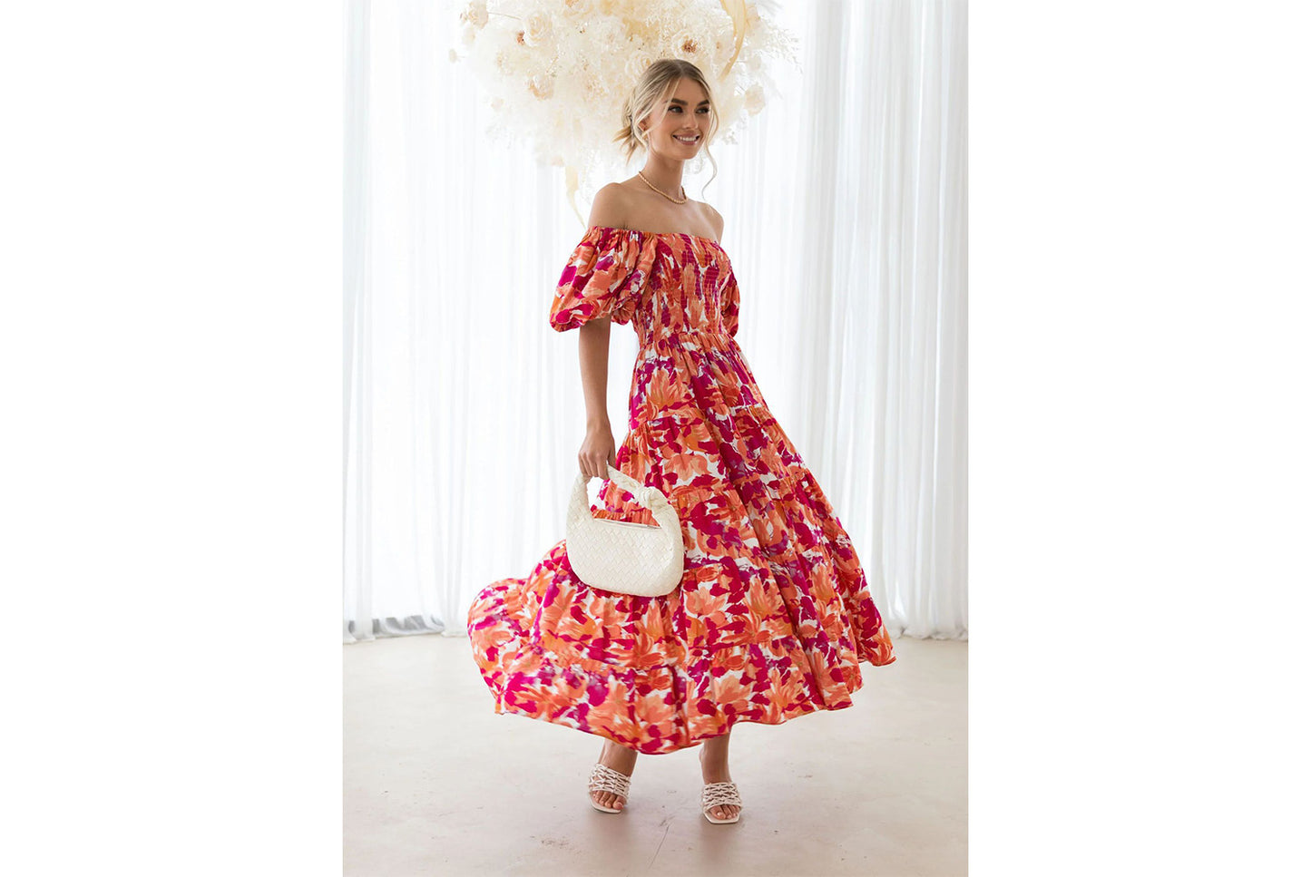 **Lantern Sleeve High-Waisted, One-Way Neck Print Dress**