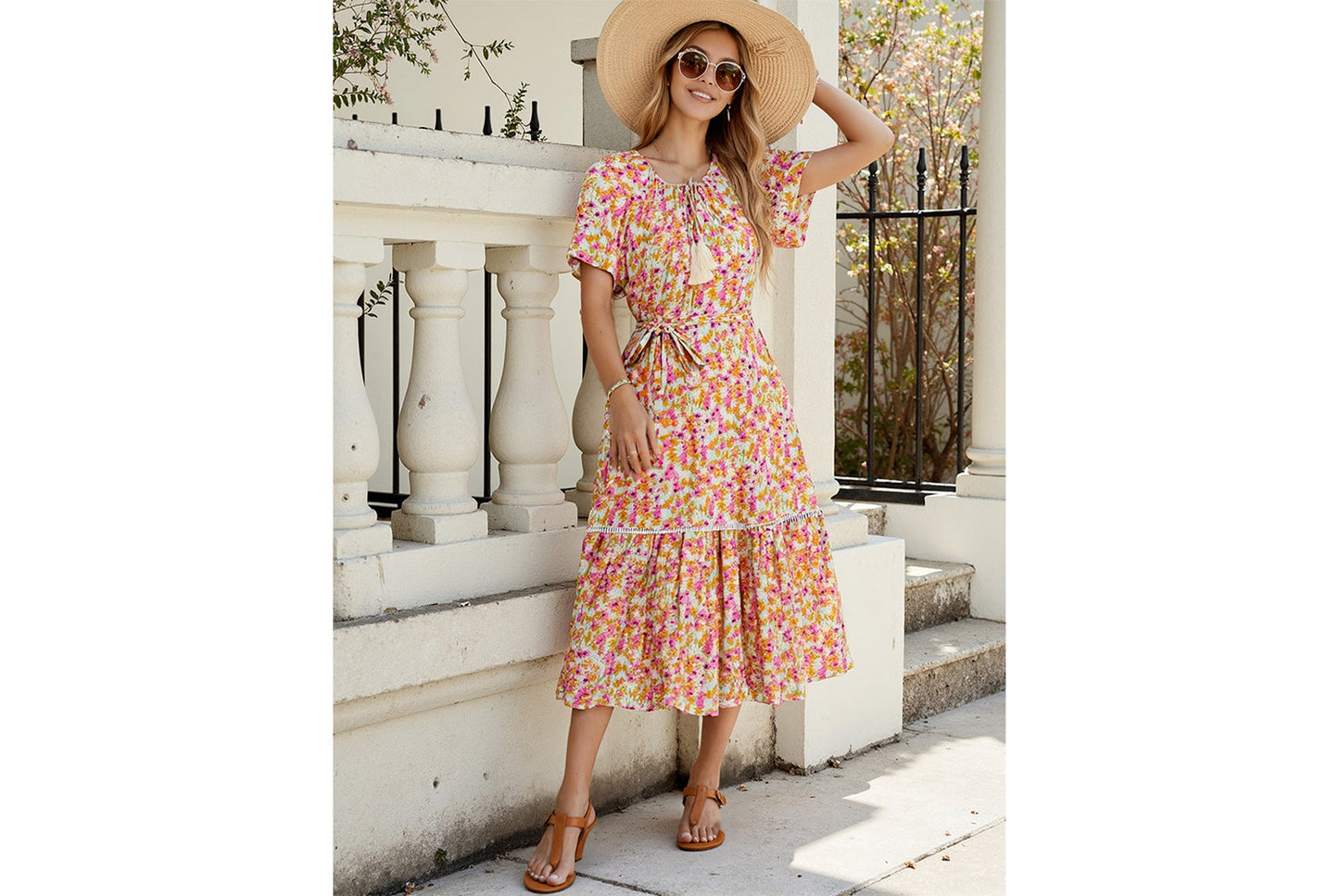 **Hollow Lace Trim and Ruffle Short-Sleeve Dress**
