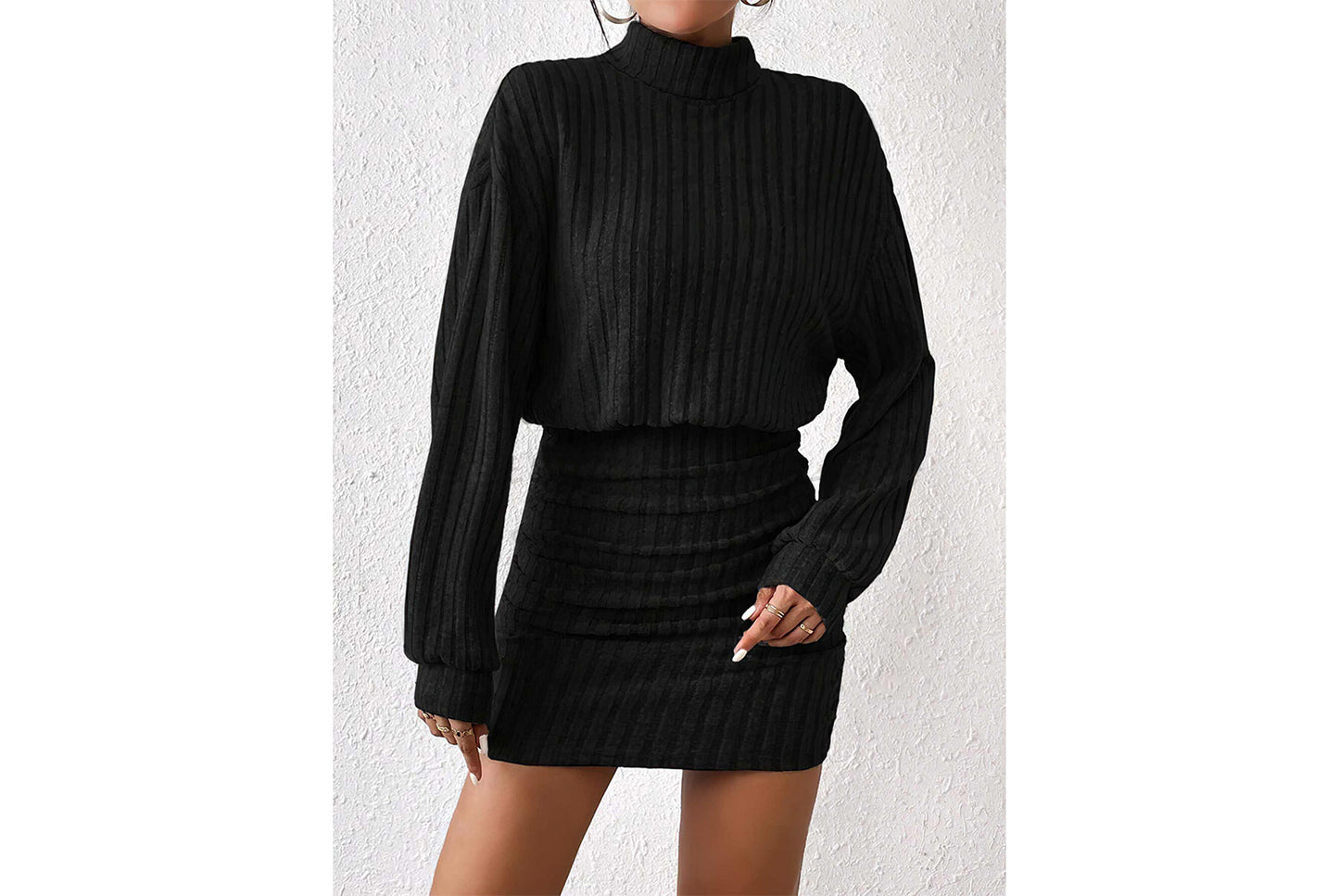 **Fashionable Ribbed Turtleneck Hip-Wrap Long-Sleeve Dress**