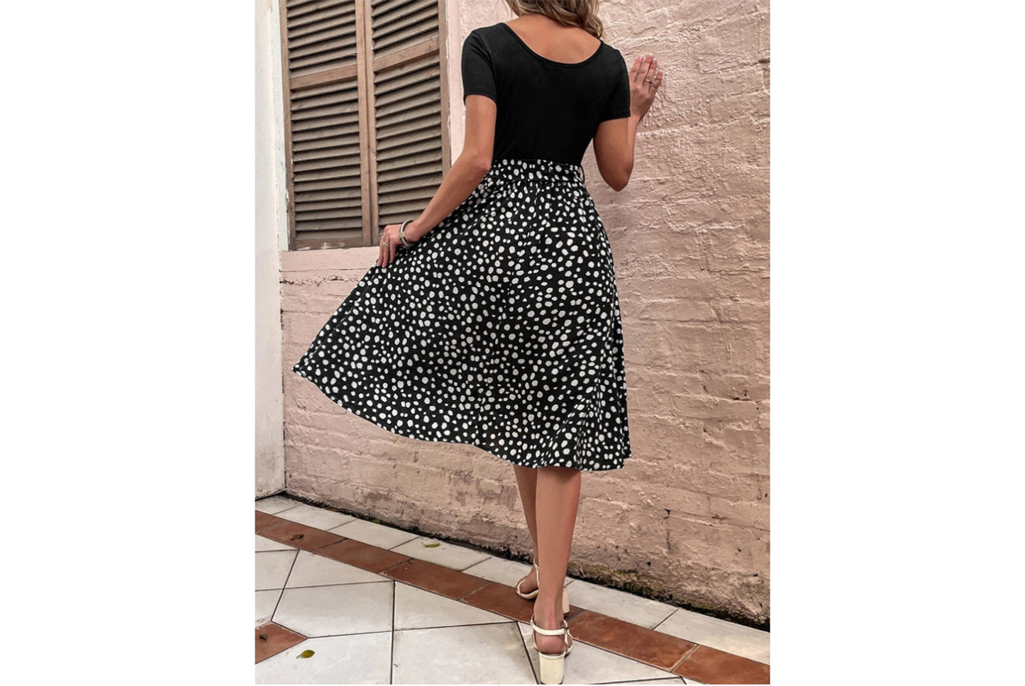 **Patchwork Round Neck Polka Dot Short Sleeve Dress**