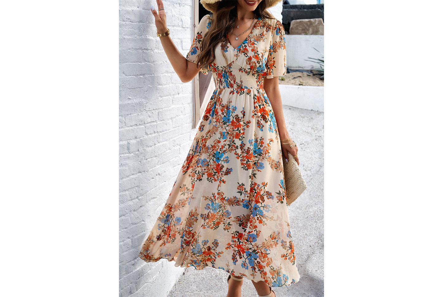 **Printed Waisted Short-Sleeved Chiffon Dress**