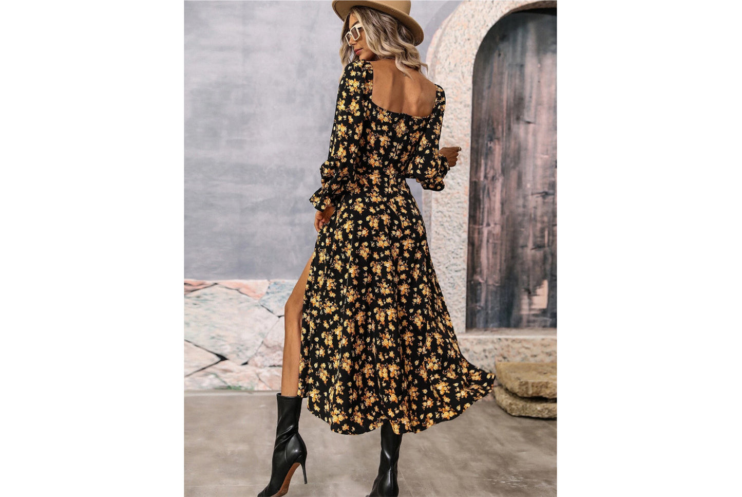 **Fashionable Printed Long-Sleeved Slit Dress for Women**