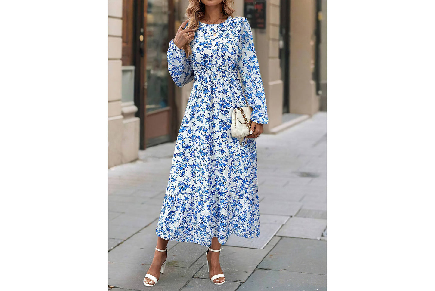 **Printed Round Neck Long-Sleeved Ruffle Dress**