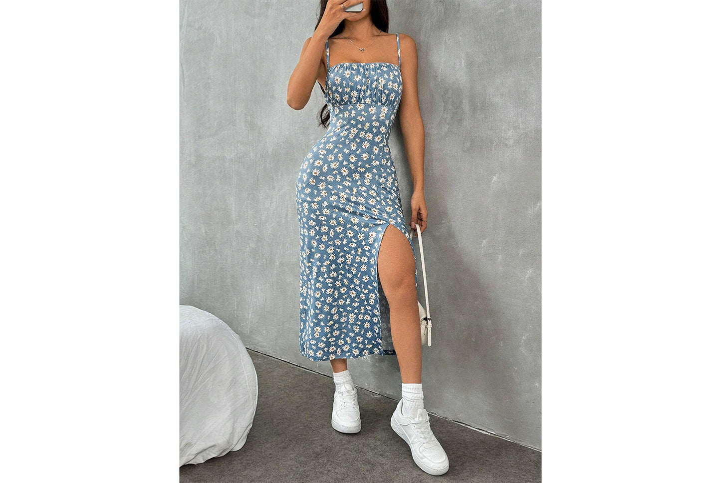 **High-Slit Daisy Print Dress**