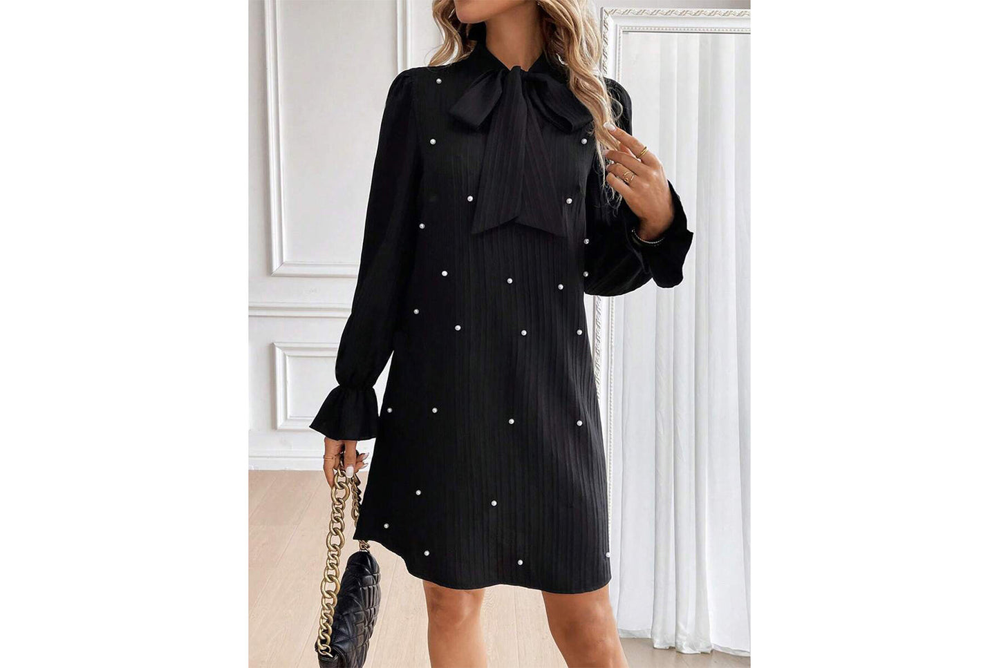 **Beaded Long-Sleeve Solid Color Loose-Fit Dress**