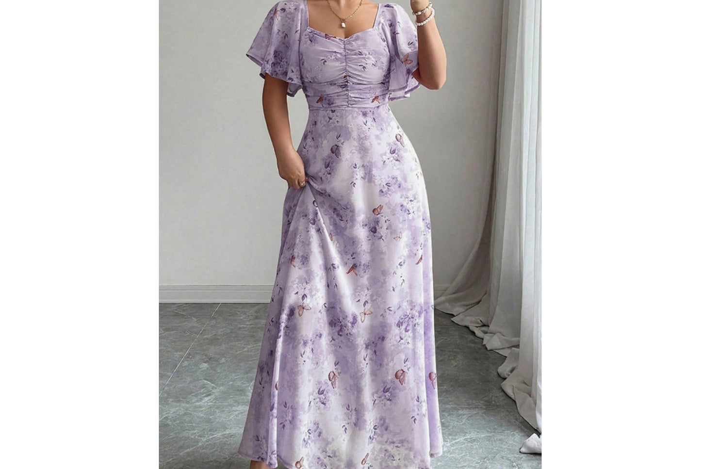 **Fashionable Square Neck Short-Sleeved Printed Chiffon Dress**