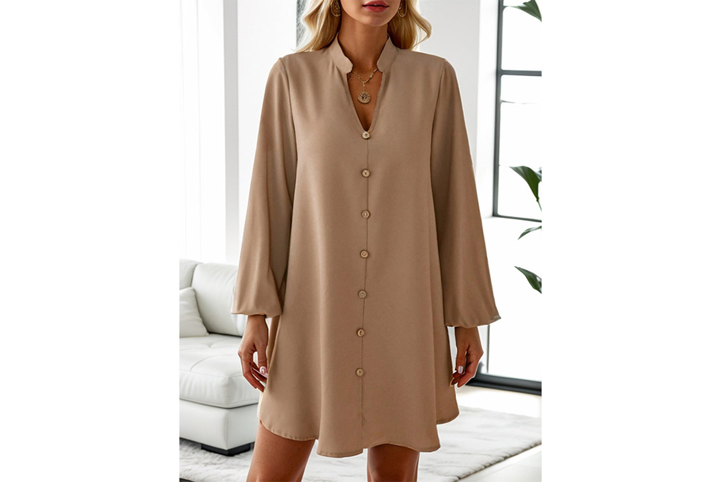 **Spring/Summer Long-Sleeved V-Neck Single-Breasted Loose-Fit Dress**