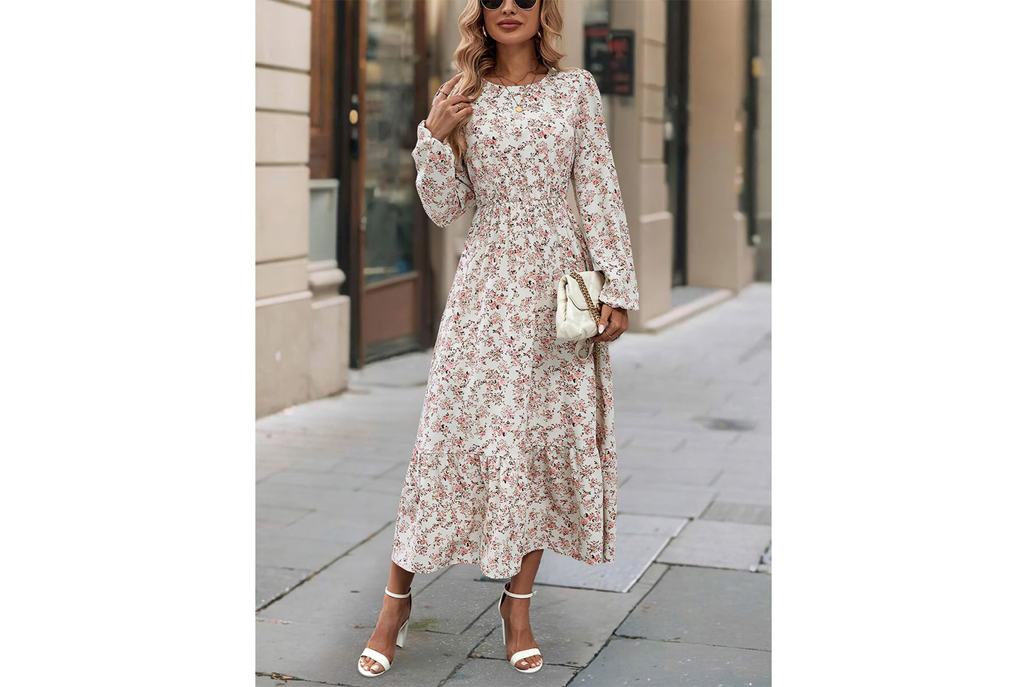 **Printed Round Neck Long-Sleeved Ruffle Dress**