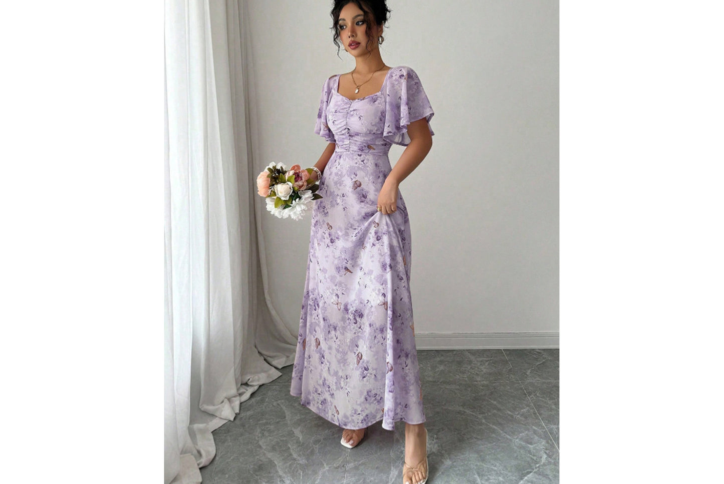 **Fashionable Square Neck Short-Sleeved Printed Chiffon Dress**