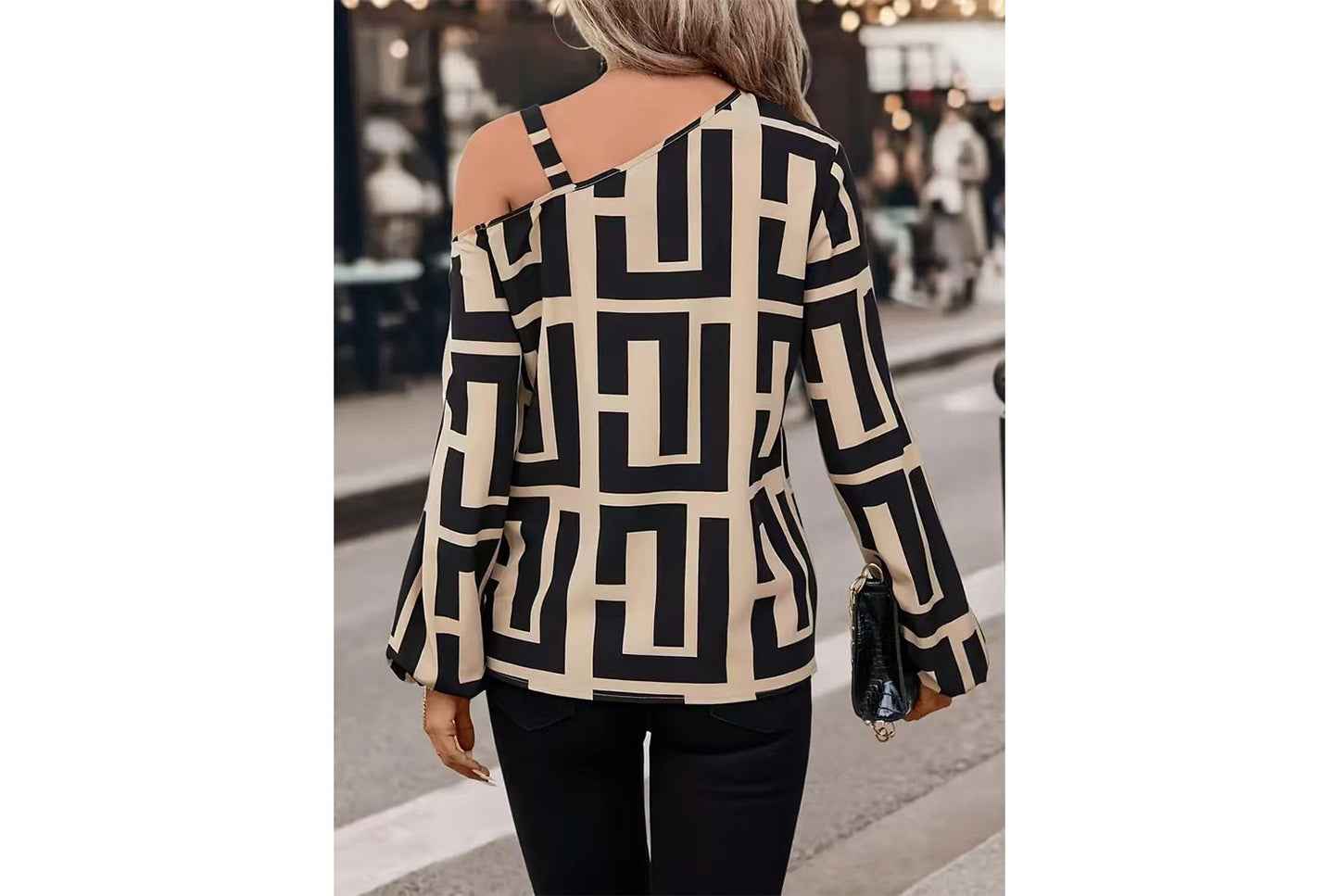 **Geometric Print Versatile Long-Sleeved, One-Neck Pullover Top**