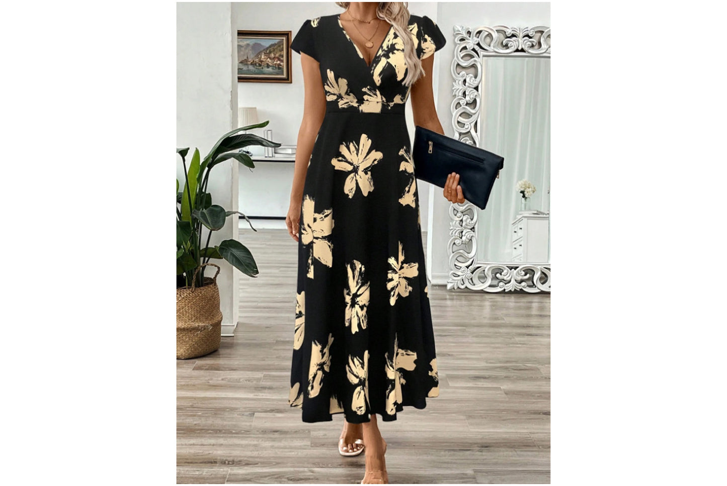 **Fashionable Printed V-Neck Ruffle Dress**