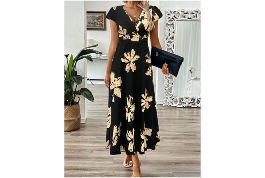 **Fashionable Printed V-Neck Ruffle Dress**