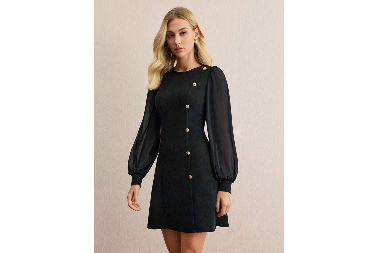 **Button-studded Slim Fit Long-Sleeve Solid Color Dress**