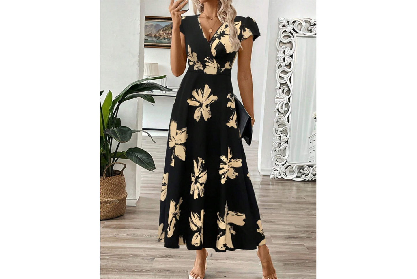 **Fashionable Printed V-Neck Ruffle Dress**