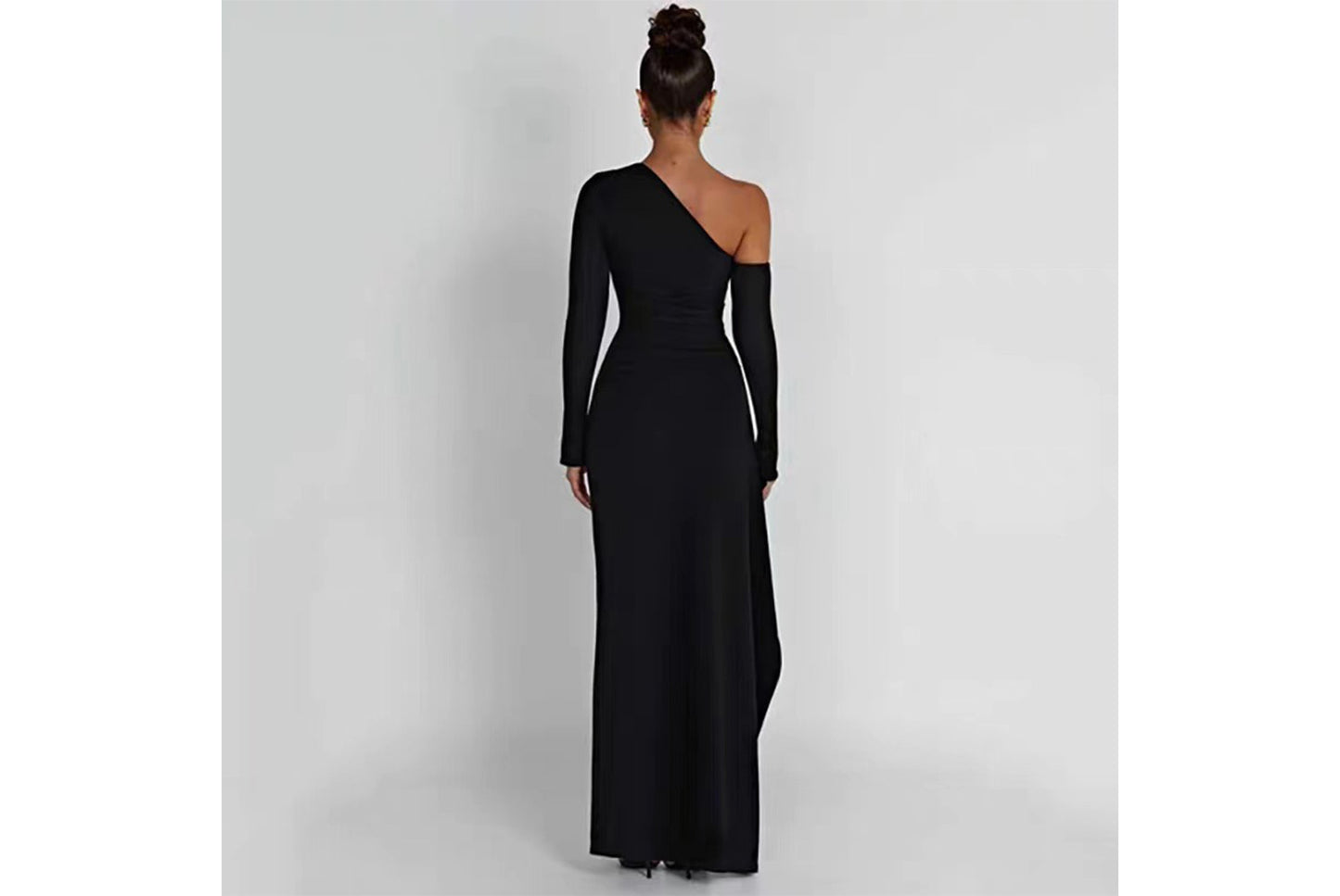 **Elegant Offset Neck, One-Sleeve, Slit Dress**