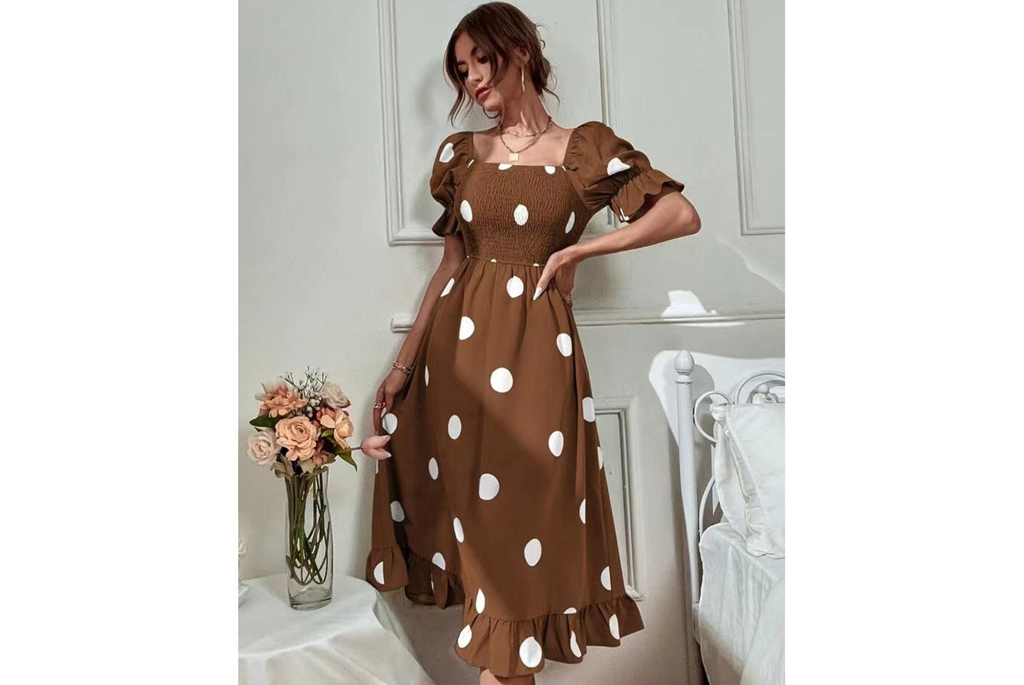 **Ruffled Fitted Short-Sleeve Dress**