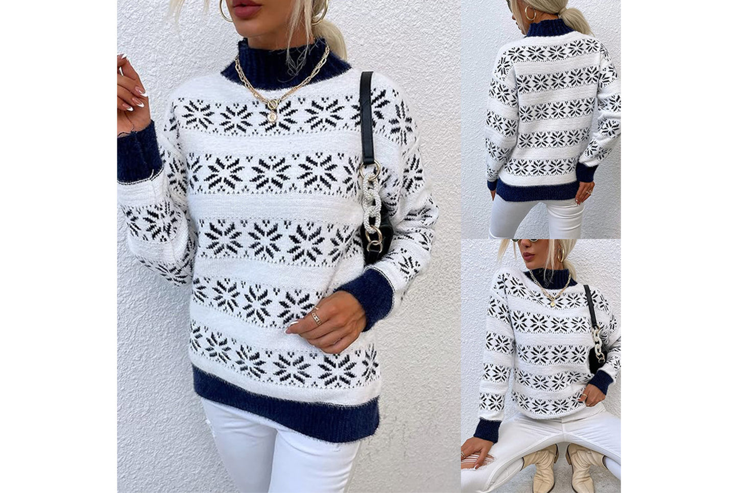 **Snowflake Pattern Half-Turtleneck Sweater Top**