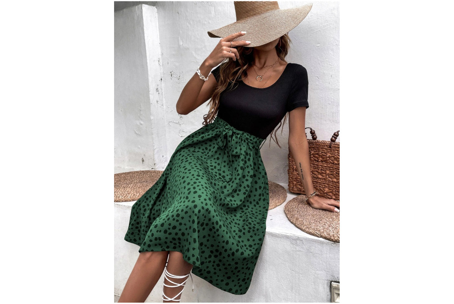 **Patchwork Round Neck Polka Dot Short Sleeve Dress**