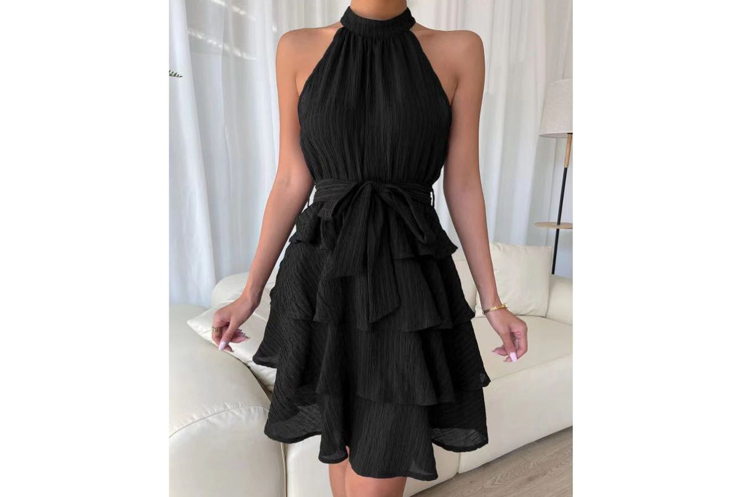 **Halter Neck Sleeveless Ruffled Dress**