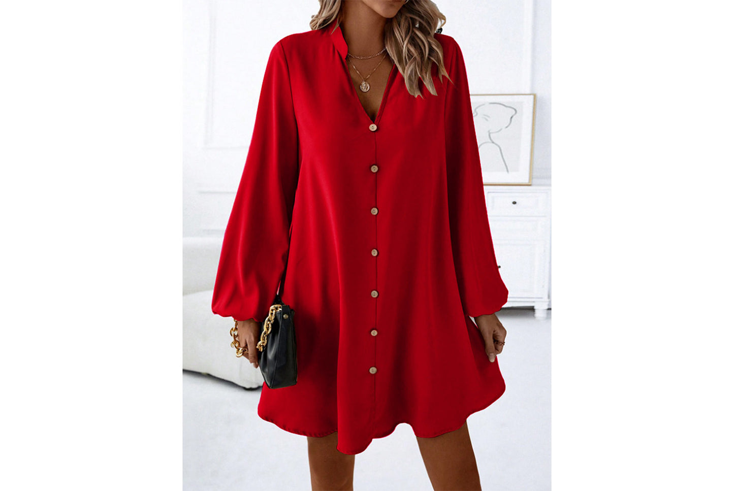 **Spring/Summer Long-Sleeved V-Neck Single-Breasted Loose-Fit Dress**