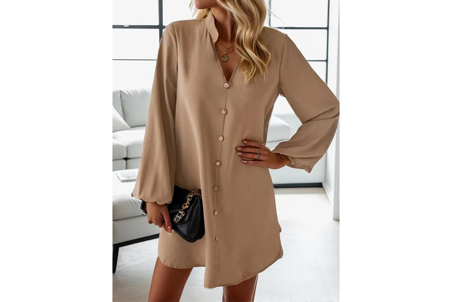 **Spring/Summer Long-Sleeved V-Neck Single-Breasted Loose-Fit Dress**