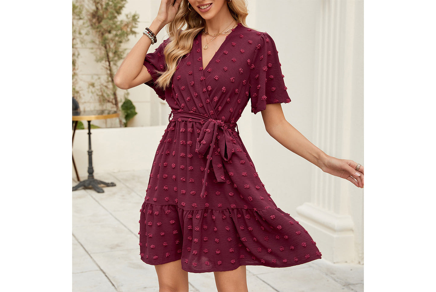 **Pompom Jacquard Ruffle Sleeve V-Neck Waist-Lining Tie-Drawstring Dress**