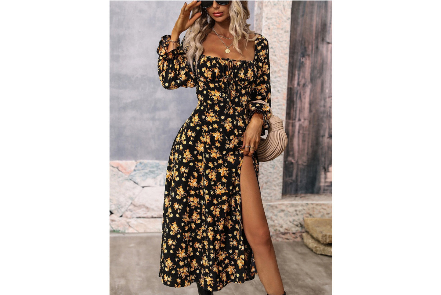 **Fashionable Printed Long-Sleeved Slit Dress for Women**