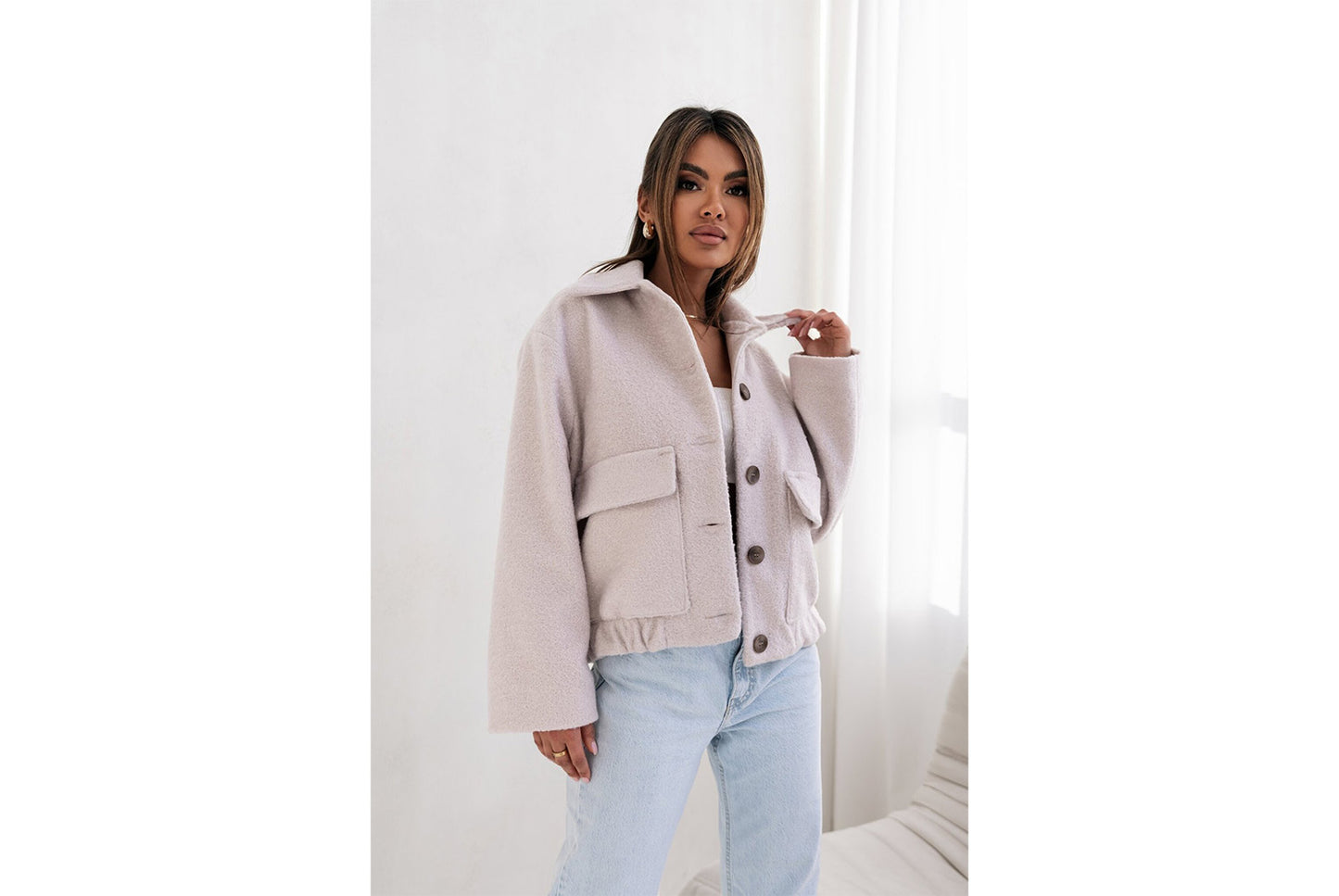 **Stylish Solid-Color Pocket-Breasted Wool Jacket**